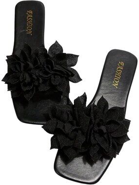 Women's Black 3D Floral Square Open Toe Single Band Casual Slip on Flats Slides